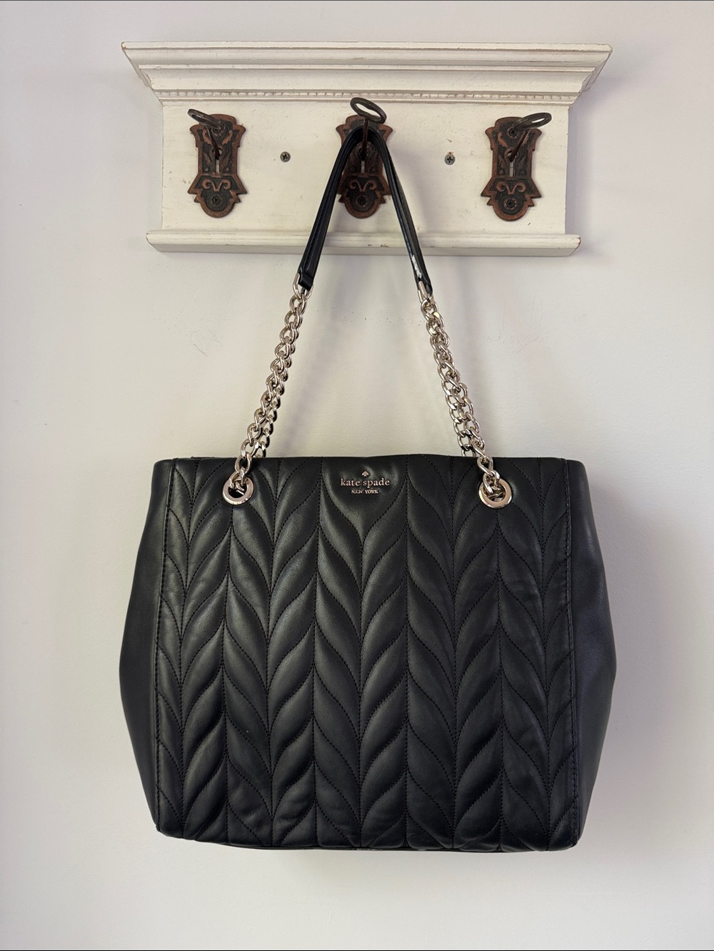 Kate Spade Black Cow Leather Quilted Tote Large Work Bag Laptop - Picture 2 of 13
